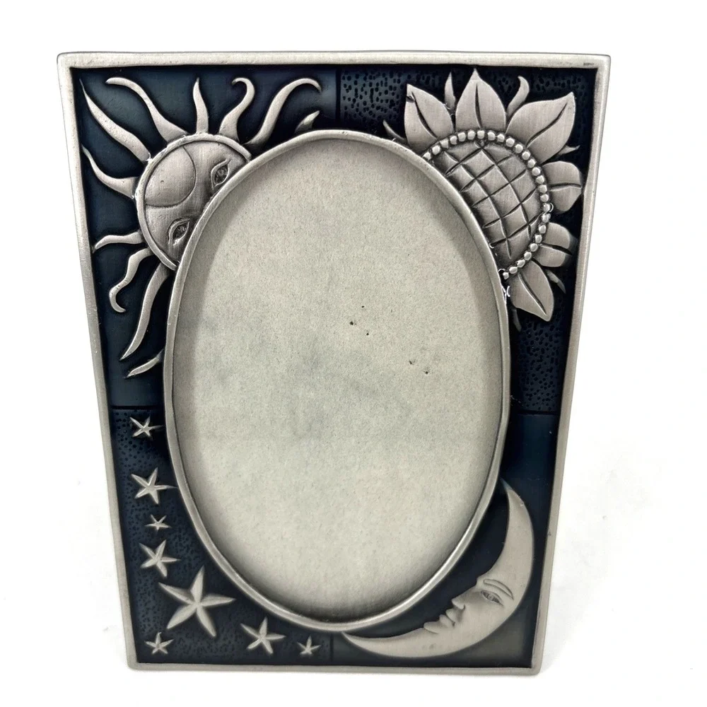 Vintage 90s Celestial Blue and Pewter Sun & Moon Stars Picture Frame Whimsigoth